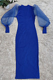 Blue Euramerican Women Net Yarn Perspective Puff Sleeve Package Buttocks  Midi Dress YZ2417