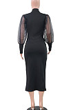 Black Euramerican Women Net Yarn Perspective Puff Sleeve Package Buttocks  Midi Dress YZ2417