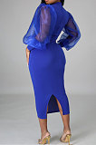 Red Euramerican Women Net Yarn Perspective Puff Sleeve Package Buttocks  Midi Dress YZ2417