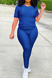 Navy Blue Sportsuit With Short-Sleeved Yoga Pants With Round Neck SN390071