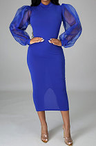 Blue Euramerican Women Net Yarn Perspective Puff Sleeve Package Buttocks  Midi Dress YZ2417