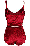 Red Sexy Cultivate One's Morality Gallus Diamond Velvet Short Home Wear Pajamas Two-Pieces LS6413