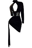 Black Personality Sexy PU Leather Spliced Korea Velvet Side Bind Club Suits  Mini Dress LS6411