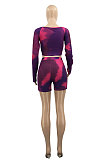 Purple Euramerican Women Spring And Summer Tie Dye Printing Dew Shoulder Long Sleeve Short Two-Pieces AD1207