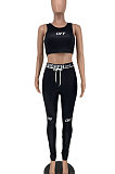 Black English Letter Waist Line Sport Body Shape Pants Sets LY617