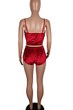 Red Sexy Cultivate One's Morality Gallus Diamond Velvet Short Home Wear Pajamas Two-Pieces LS6413