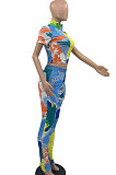 Multi Euramerican Women Spring Casual Positioning Maps Printing Short Sleeve Long Pants Two-Pieces TD8009
