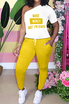 Yellow Letterprint Casual One-Sleeve Two-Piece TK6093
