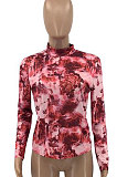 Multi Euramerican Women Lovely Printing Tie Dye Long Sleeve Round Neck T Shirts TD8008
