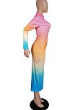 Colorful Tie-Dye Printing Zipper Long Slevee Sexy Dresses LML194
