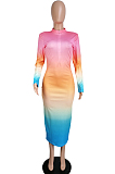 Colorful Tie-Dye Printing Zipper Long Slevee Sexy Dresses LML194