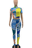 Multi Euramerican Women Spring Casual Positioning Maps Printing Short Sleeve Long Pants Two-Pieces TD8009