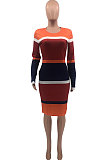 Red Autumn Winter Women Sexy Cultivate One's Morality Contrast Color Printing Long Sleeve Midi Dress AD1104