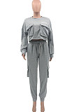 Gray Pure Color Embroidered Casual Sport Fleece Two-Pieces AD1103