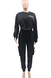 Black Pure Color Embroidered Casual Sport Fleece Two-Pieces AD1103