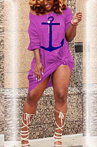 Purple Print Loose Casual Pullover Dresses TK6082