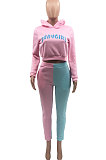 Pink Blue Euramerican Women Sport Spliced Printing Fleece Long Pants Two-Pieces AD0921