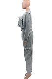Gray Pure Color Embroidered Casual Sport Fleece Two-Pieces AD1103