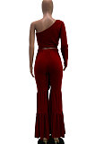 Red Pure Color Irregularity Trendy Casual Horn Pants Two-Pieces MLM9001