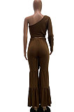 Coffee Pure Color Irregularity Trendy Casual Horn Pants Two-Pieces MLM9001