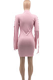 Pink Euramerican Women Spring Summer Bind Horn Sleeve Mini Dress AD1109