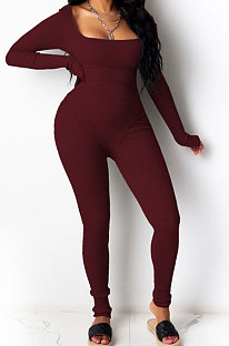 Red Summer Casual Sport Trendy Sexy Tight Carry Buttock Pure Color Bodycon Jumpsuits MLM9009