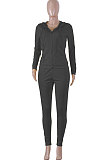 Black Pure Color Long Sleeve Zipper Hooded Coat Tight Pants Stets Q652