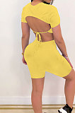 Yellow Halteneck Lace-Up Shorts Short Sleeve Two-Pieces YYF8087
