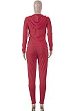 Wine Red Pure Color Long Sleeve Zipper Hooded Coat Tight Pants Stets Q652