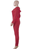 Red Pure Color Long Sleeve Zipper Hooded Coat Tight Pants Stets Q652