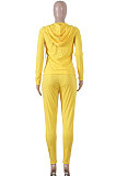 Yellow Pure Color Long Sleeve Zipper Hooded Coat Tight Pants Stets Q652