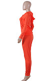 Orange Pure Color Long Sleeve Zipper Hooded Coat Tight Pants Stets Q652