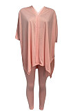 Orange Pink Euramerican Womenswear Pure Color Slotting V Neck Two-Pieces Q610