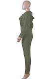 Army Green Pure Color Long Sleeve Zipper Hooded Coat Tight Pants Stets Q652