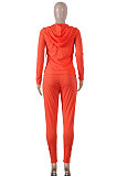 Red Pure Color Long Sleeve Zipper Hooded Coat Tight Pants Stets Q652