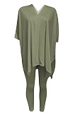 Mustard Green Euramerican Womenswear Pure Color Slotting V Neck Two-Pieces Q610