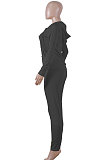 Black Pure Color Long Sleeve Zipper Hooded Coat Tight Pants Stets Q652