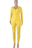 Yellow Pure Color Long Sleeve Zipper Hooded Coat Tight Pants Stets Q652