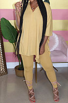 Yellow Euramerican Womenswear Pure Color Slotting V Neck Two-Pieces Q610