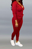 Wine Red Pure Color Long Sleeve Zipper Hooded Coat Tight Pants Stets Q652