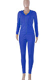 Blue Pure Color Long Sleeve Zipper Hooded Coat Tight Pants Stets Q652
