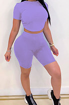 Purple Halteneck Lace-Up Shorts Short Sleeve Two-Pieces YYF8087