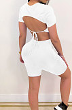 White Halteneck Lace-Up Shorts Short Sleeve Two-Pieces YYF8087