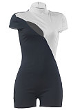 White Euramerican Women Zipper Opening And Closing Color Matching Romper Shorts Q503