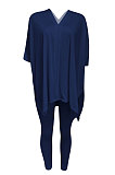 Blue Euramerican Womenswear Pure Color Slotting V Neck Two-Pieces Q610