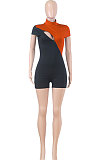 Orange Euramerican Women Zipper Opening And Closing Color Matching Romper Shorts Q503