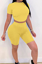 Yellow Halteneck Lace-Up Shorts Short Sleeve Two-Pieces YYF8087