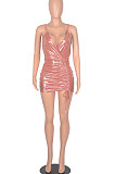 Pink Sexy Cross Side Drawsting Gallus Deep V Neck Package Hip Skirt Pure Color Tight Mini Dress WMZ2614