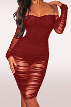 Wine Red Euramerican Trend Sexy Net Yarn Off Shoulder Midi Dress WMZ2337