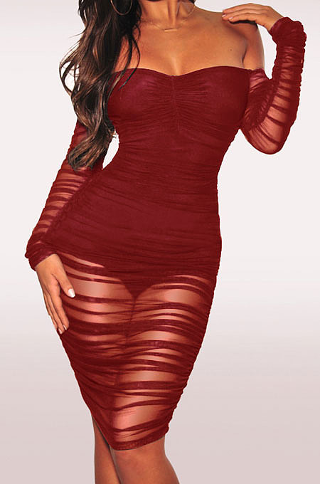 Wine Red Euramerican Trend Sexy Net Yarn Off Shoulder Midi Dress WMZ2337
